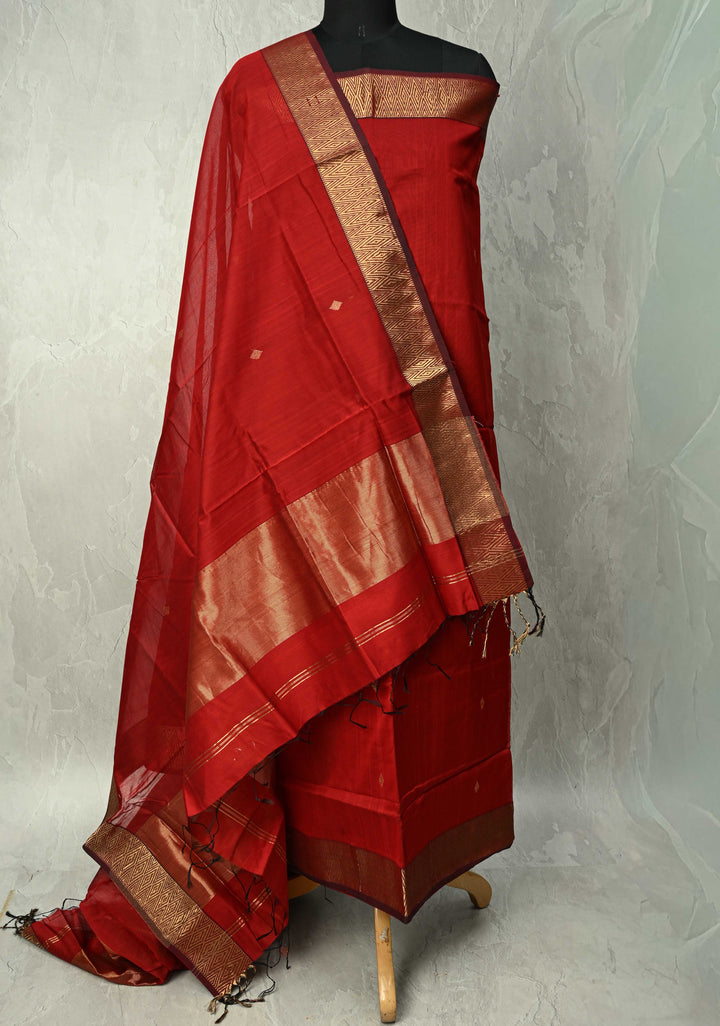 Custom made : 3 Piece Suit Red Maheshwari Silk Cotton Stitched Salwar Kameez set