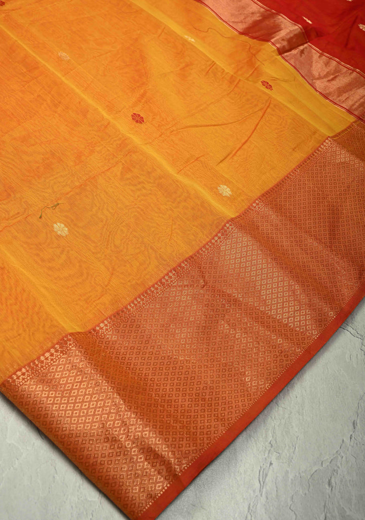 Yellowish Orange Dual Tone Handwoven Maheshwari Silk Cotton Saree with Resham Buttas and Contrast Border