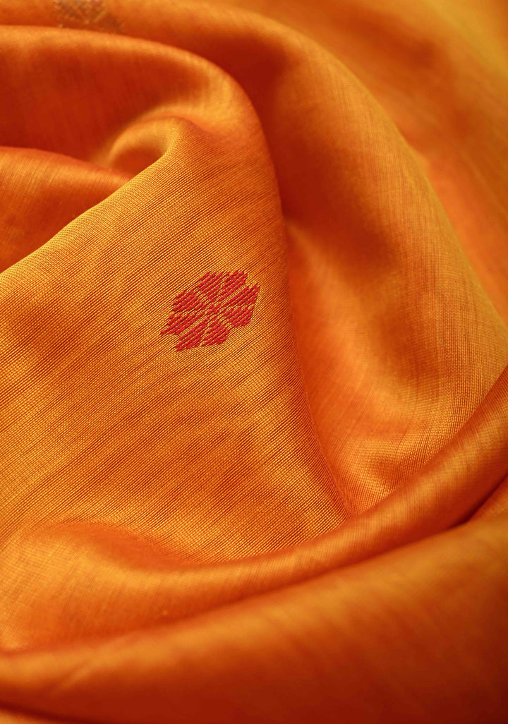 Yellowish Orange Dual Tone Handwoven Maheshwari Silk Cotton Saree with Resham Buttas and Contrast Border