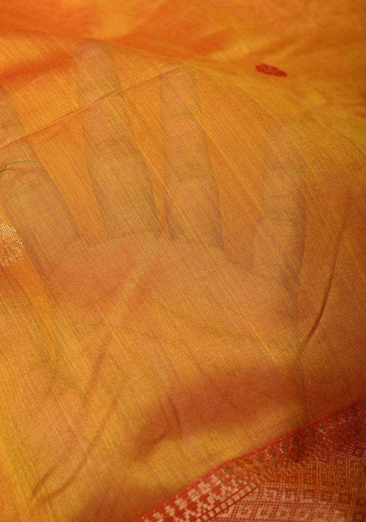 Yellowish Orange Dual Tone Handwoven Maheshwari Silk Cotton Saree with Resham Buttas and Contrast Border
