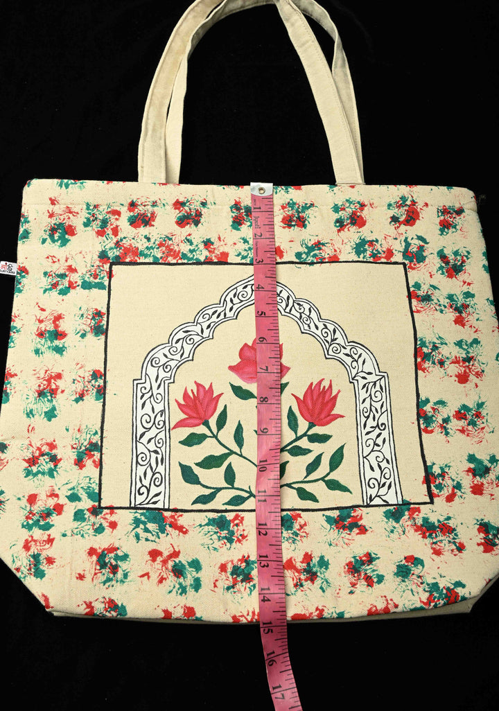 Beige Jute  Hand-Painted Flower Art Tote Bag