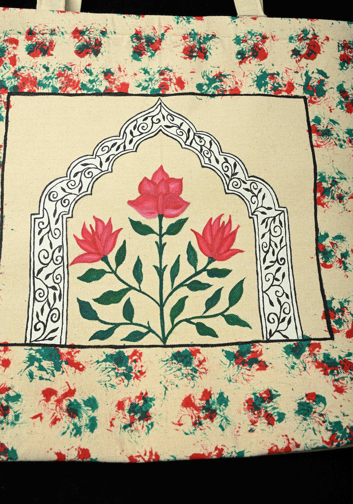 Beige Jute  Hand-Painted Flower Art Tote Bag