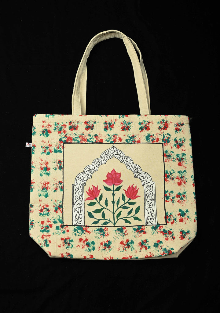 Beige Jute  Hand-Painted Flower Art Tote Bag