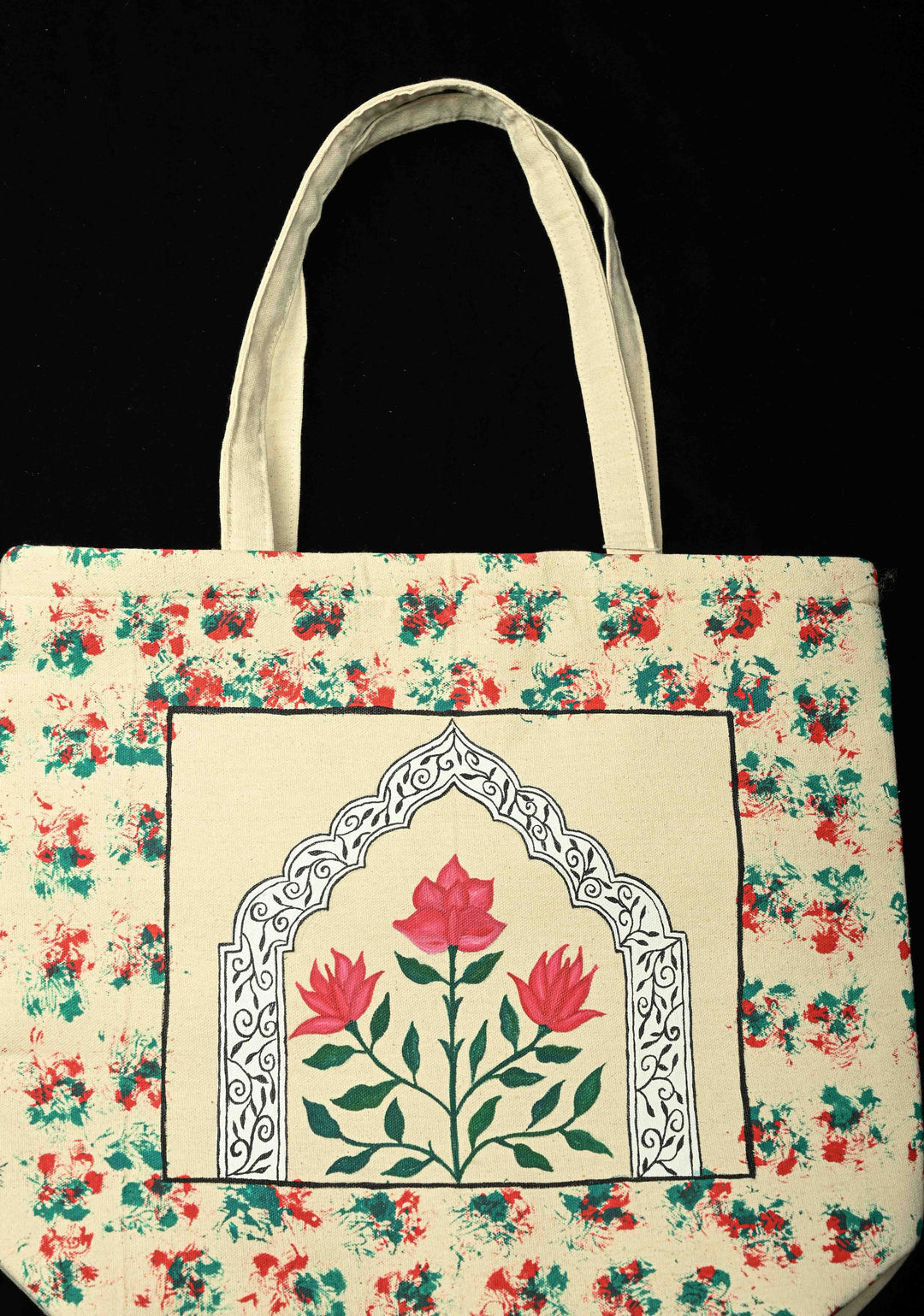 Beige Jute  Hand-Painted Flower Art Tote Bag
