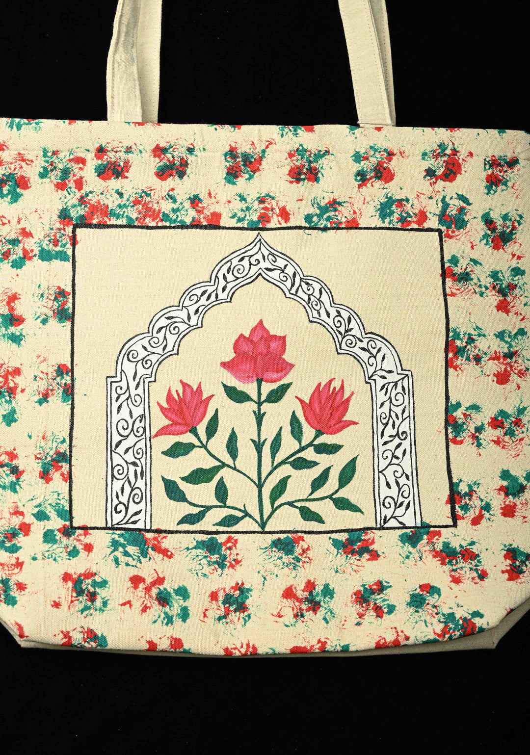 Beige Jute  Hand-Painted Flower Art Tote Bag