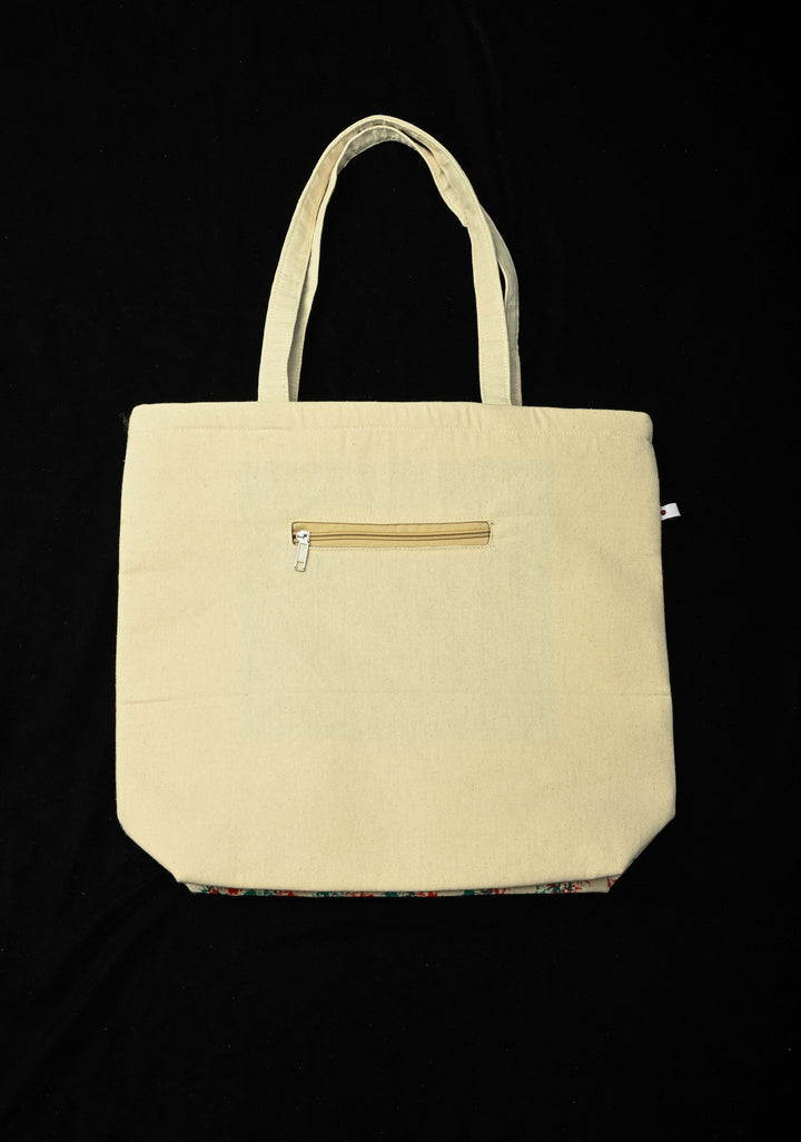 Beige Jute  Hand-Painted Flower Art Tote Bag