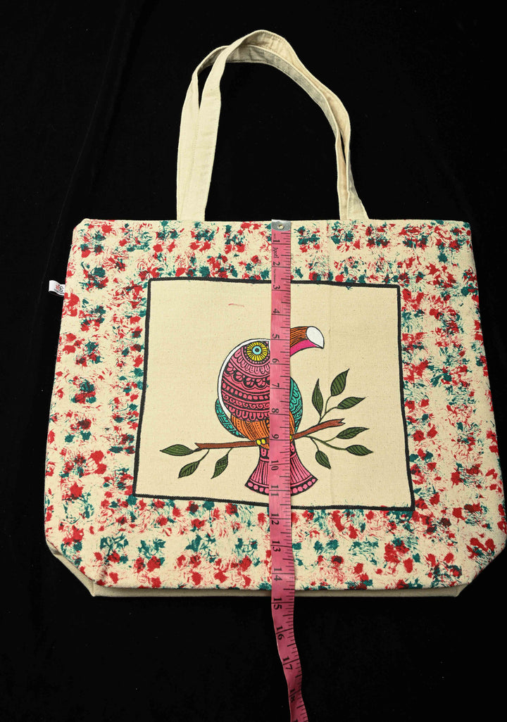 Madhubani  Jute Tote Bag With Hand-Painted Bird Art
