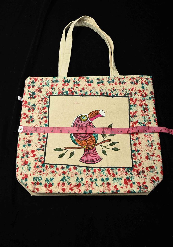 Madhubani  Jute Tote Bag With Hand-Painted Bird Art