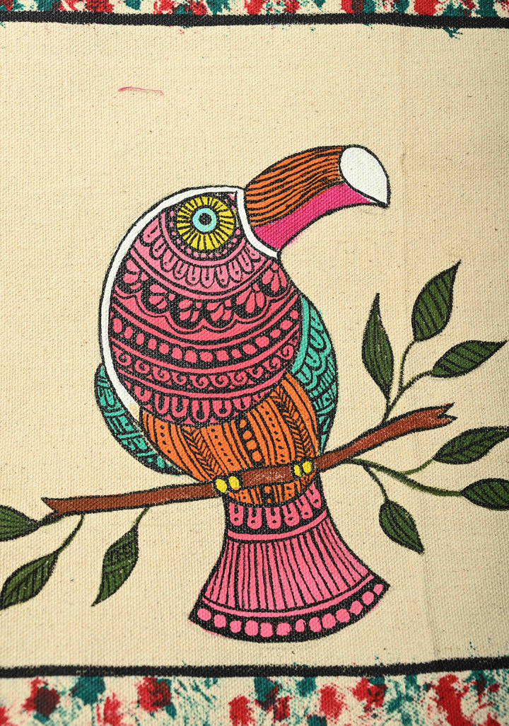 Madhubani  Jute Tote Bag With Hand-Painted Bird Art