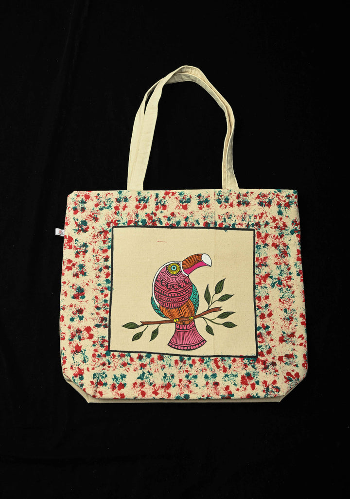 Madhubani  Jute Tote Bag With Hand-Painted Bird Art