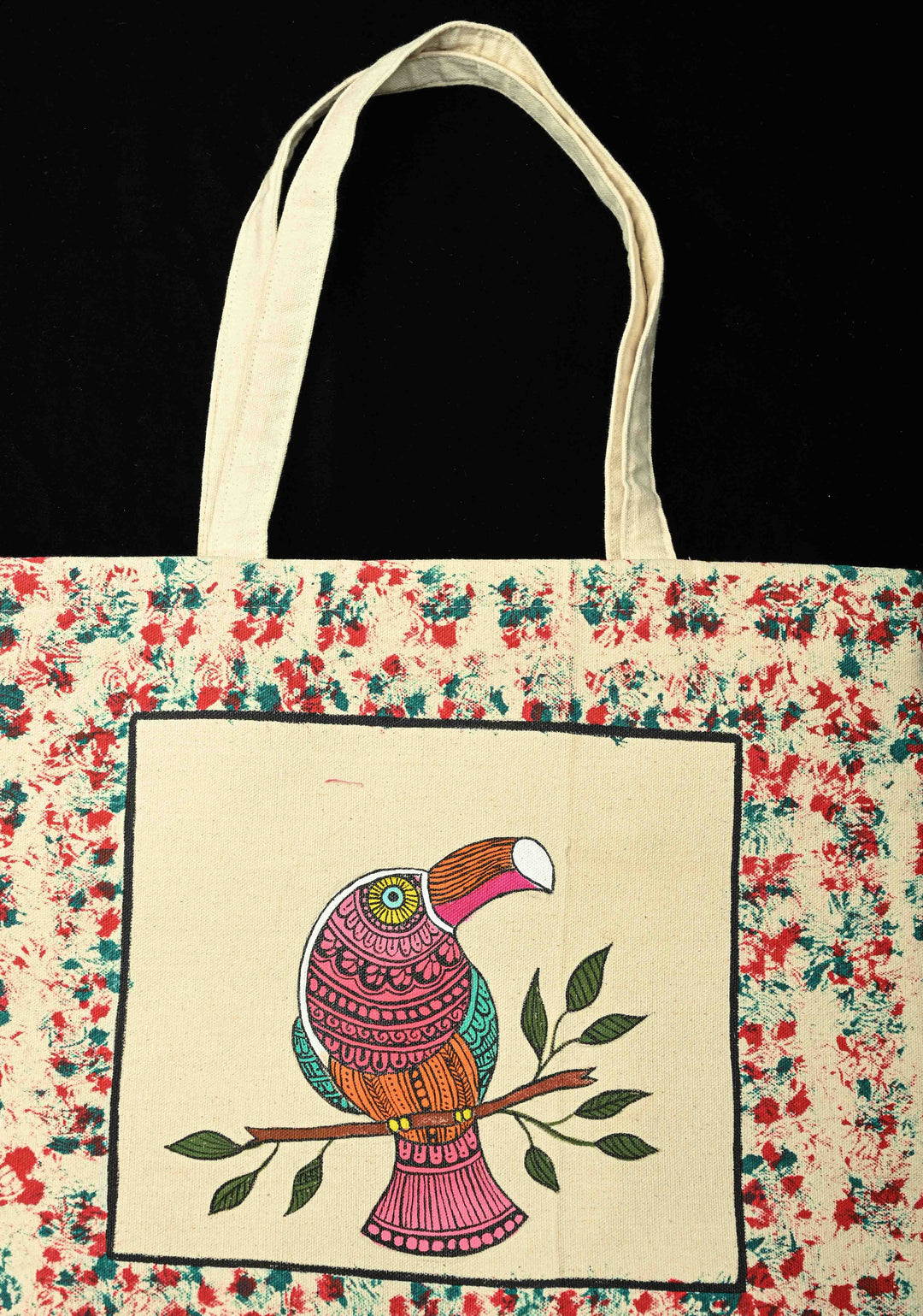 Madhubani  Jute Tote Bag With Hand-Painted Bird Art