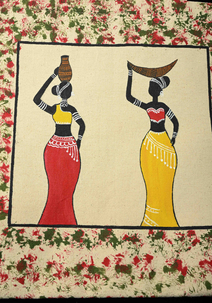 Beige Jute Canvas Bag with Folk Hand Painted Tote bag | SHOBITAM