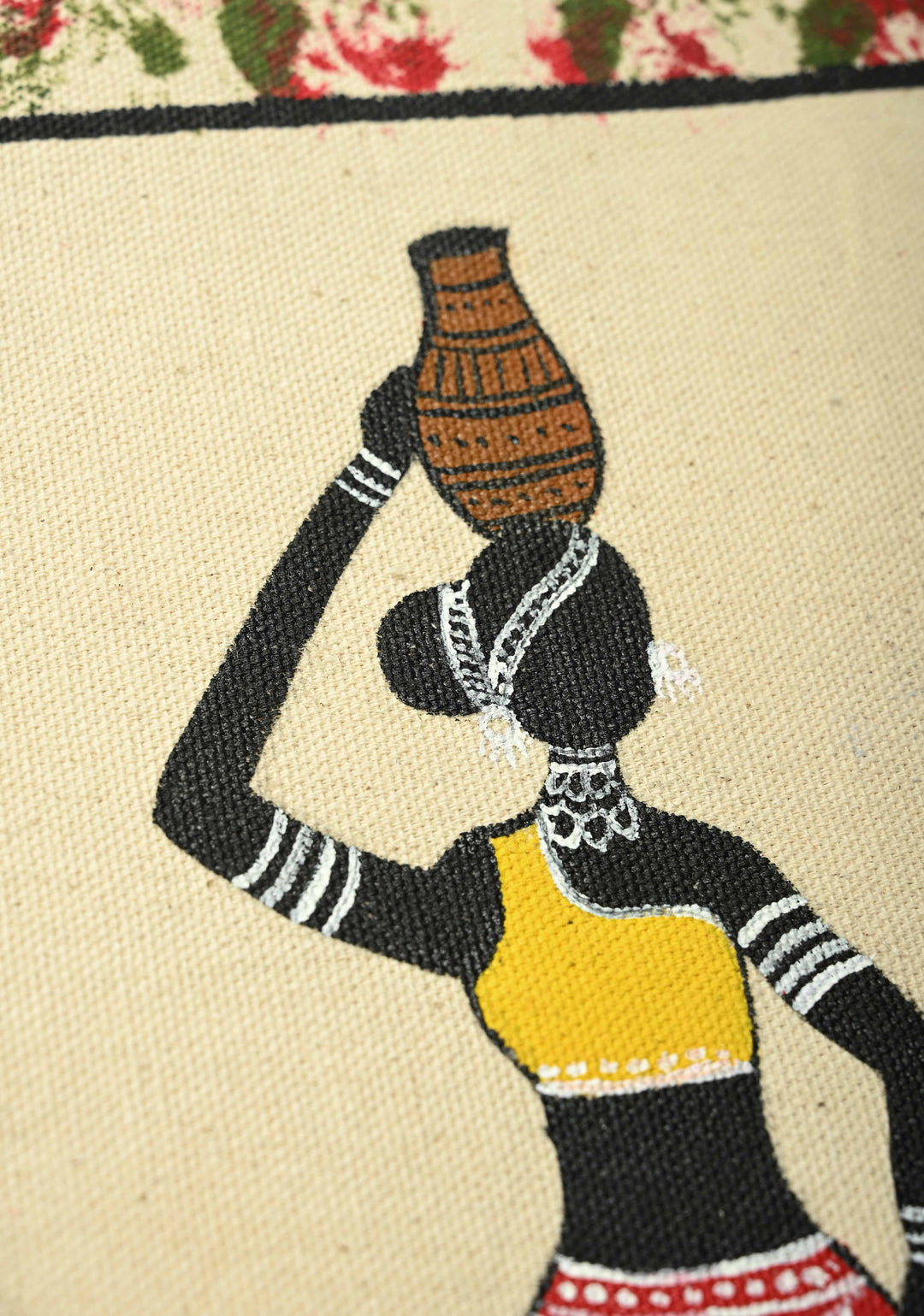 Beige Jute Canvas Bag with Folk Hand Painted Tote bag | SHOBITAM