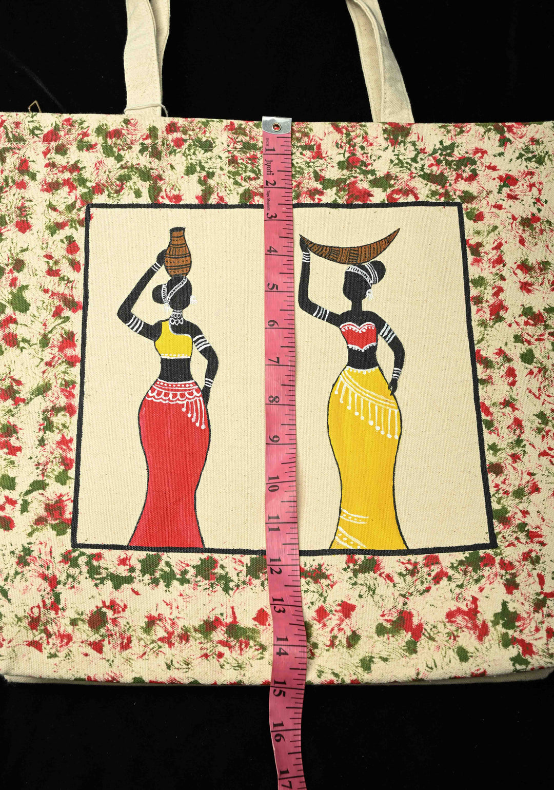 Beige Jute Canvas Bag with Folk Hand Painted Tote bag | SHOBITAM