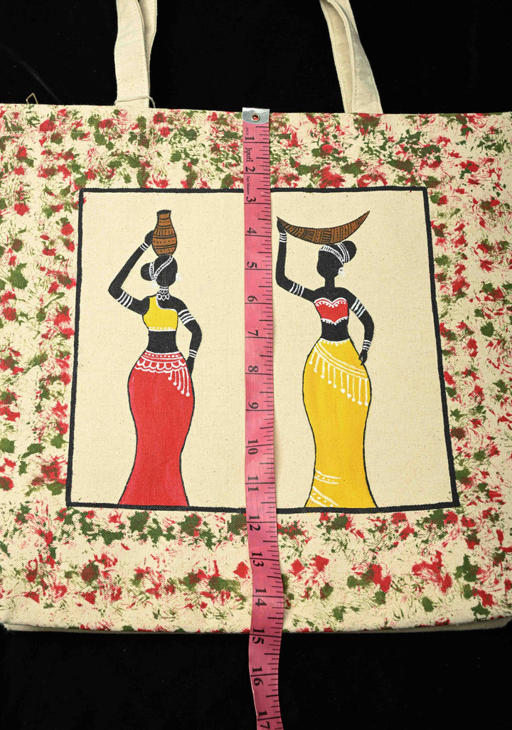Beige Jute Canvas Bag with Folk Hand Painted Tote bag | SHOBITAM