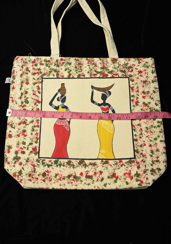Beige Jute Canvas Bag with Folk Hand Painted Tote bag | SHOBITAM