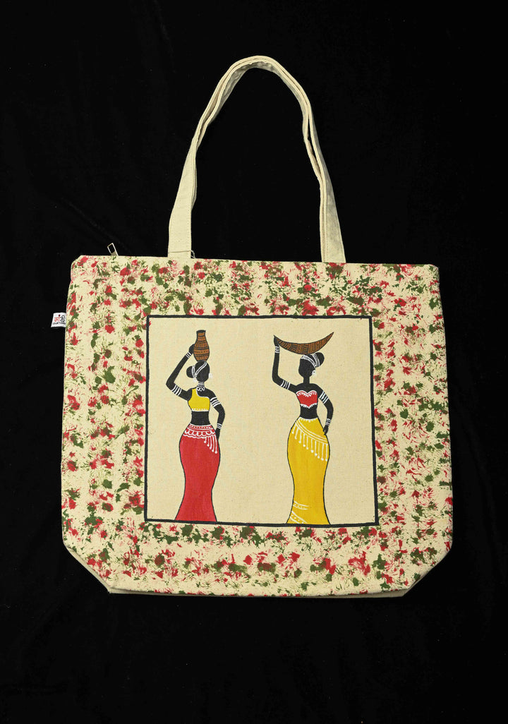 Beige Jute Canvas Bag with Folk Hand Painted Tote bag | SHOBITAM