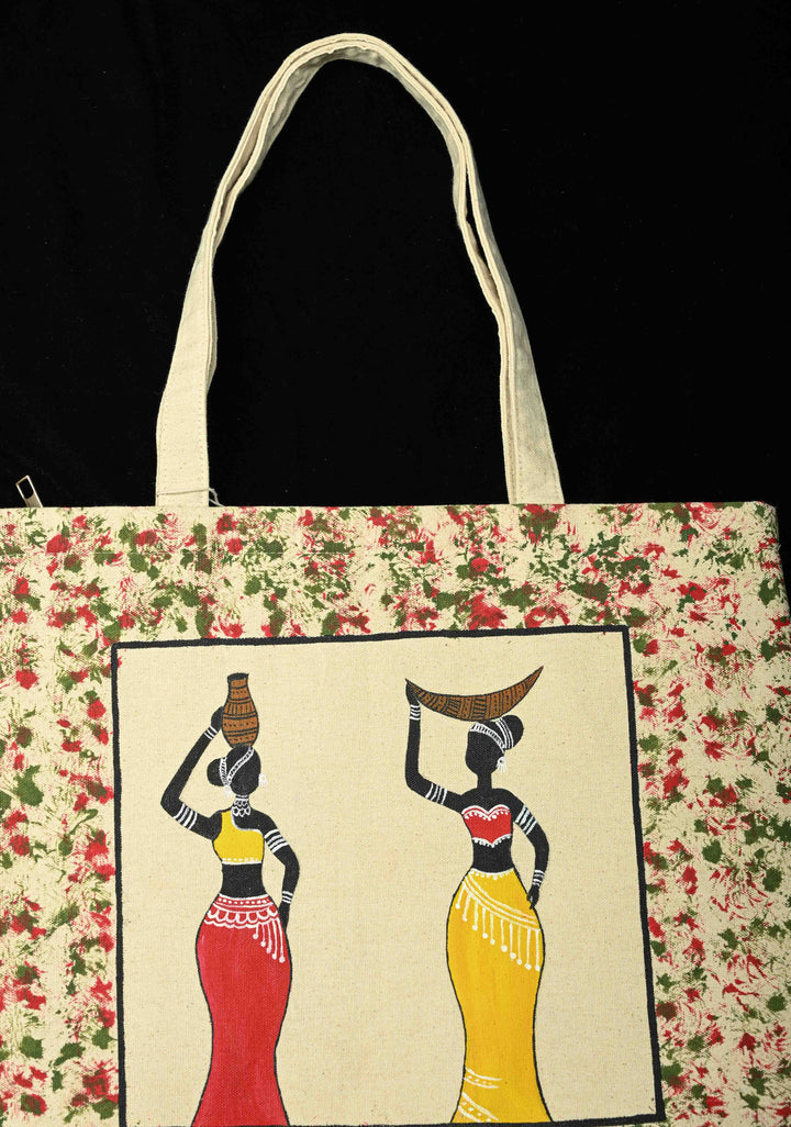 Beige Jute Canvas Bag with Folk Hand Painted Tote bag | SHOBITAM