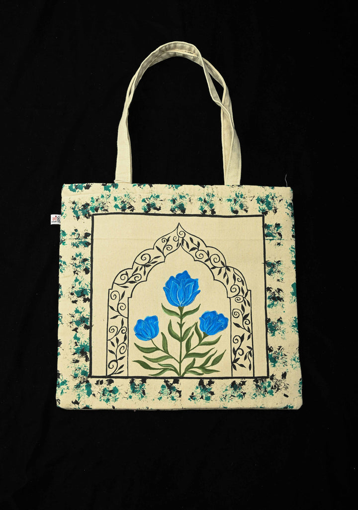 Beige Jute Persian Floral Suta Hand-Painted Tote Bag