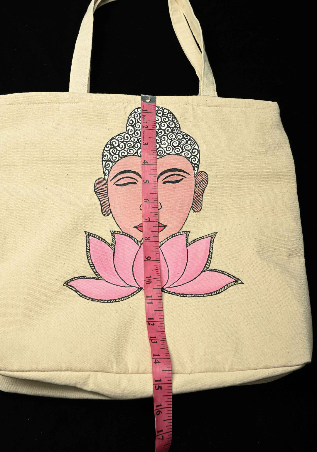 Beige Jute Tote Bag with Buddha Face Hand-Painted