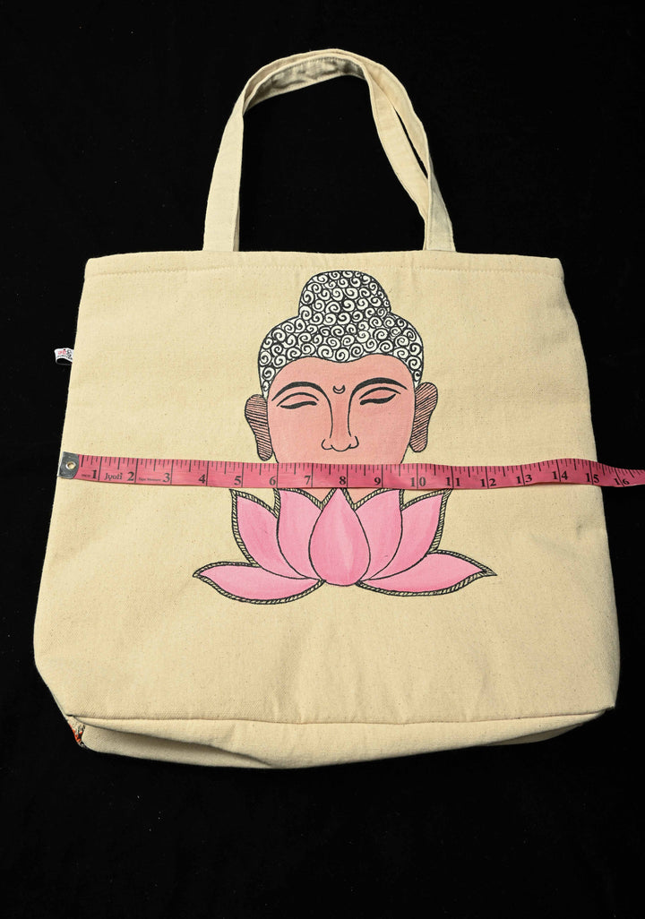 Beige Jute Tote Bag with Buddha Face Hand-Painted