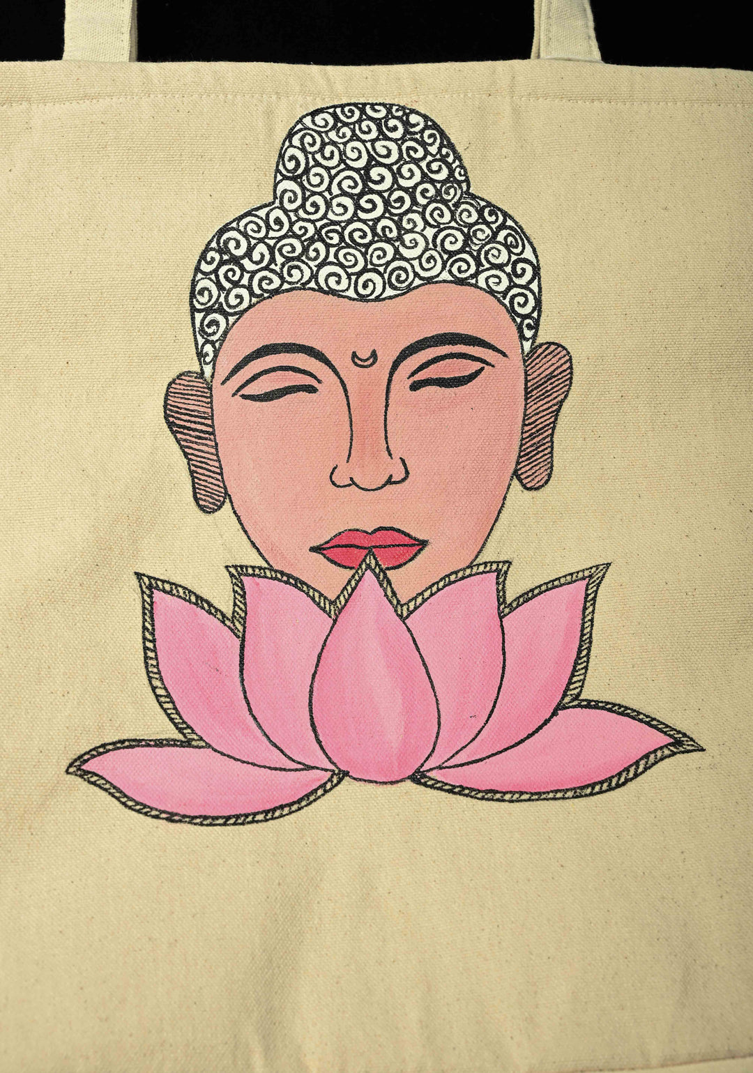 Beige Jute Tote Bag with Buddha Face Hand-Painted
