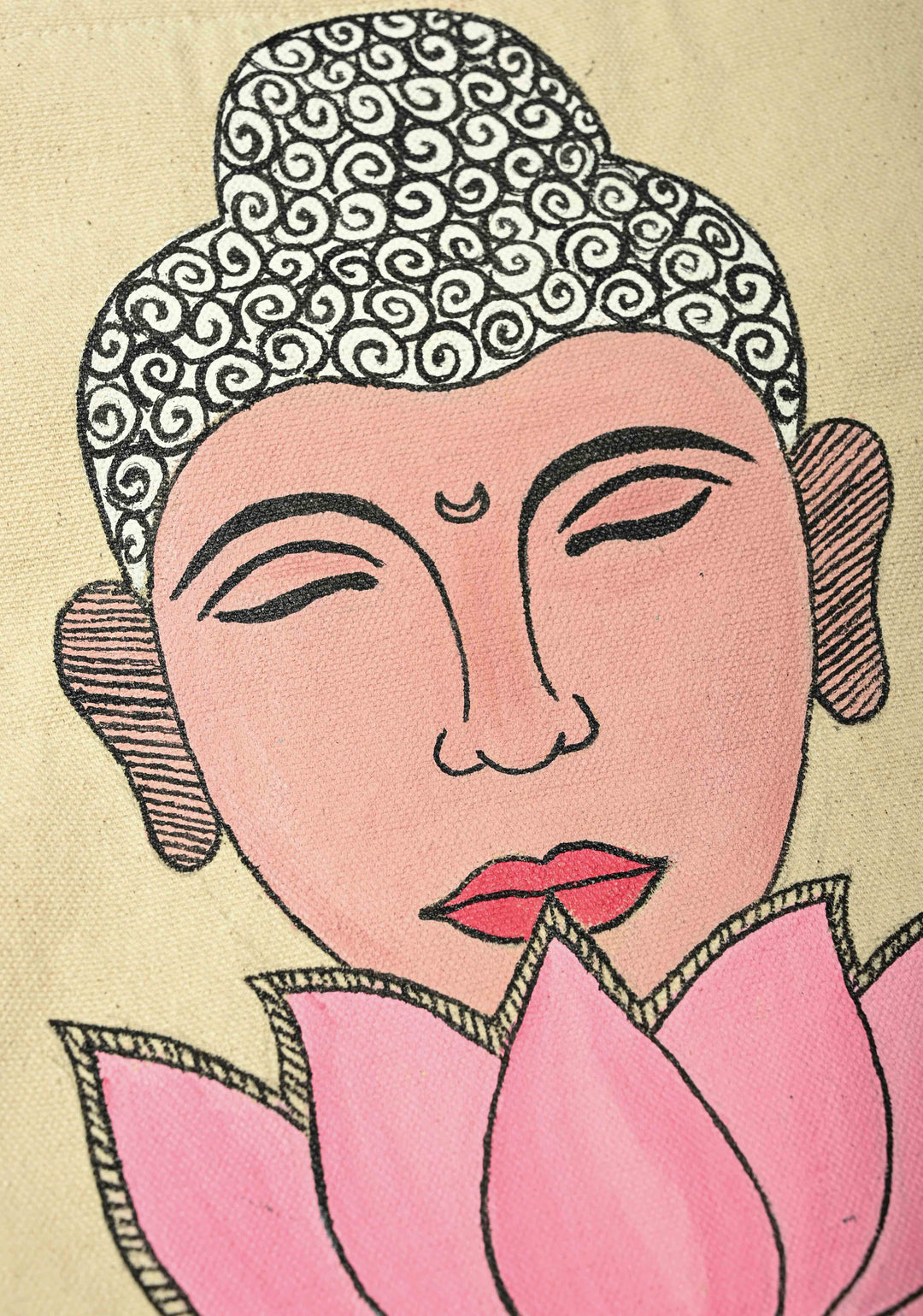 Beige Jute Tote Bag with Buddha Face Hand-Painted