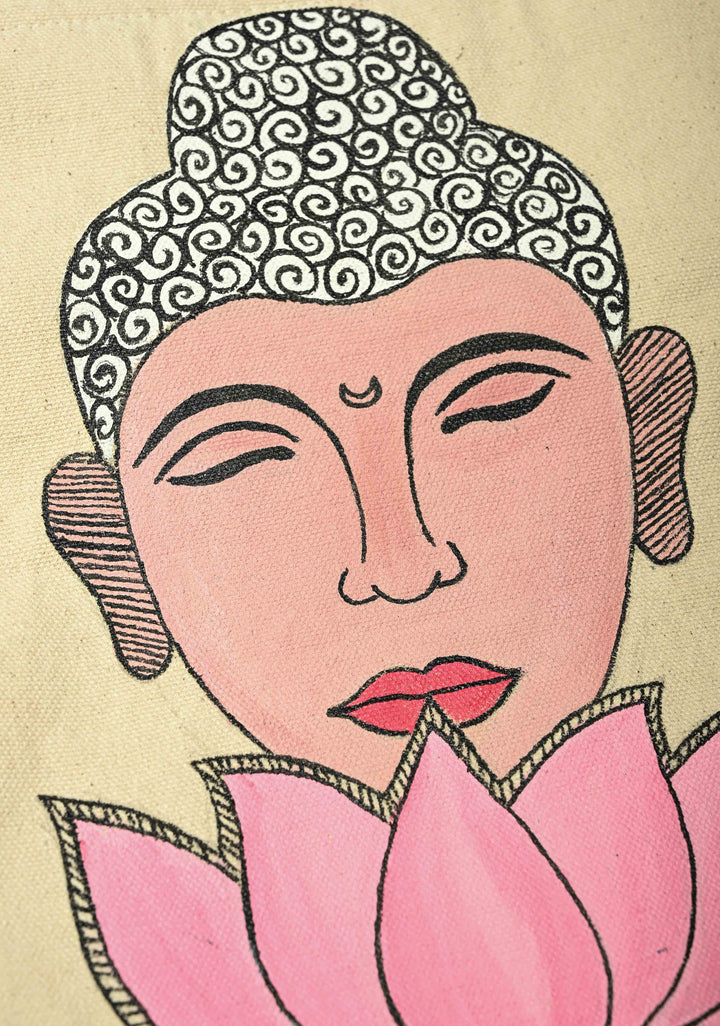 Beige Jute Tote Bag with Buddha Face Hand-Painted