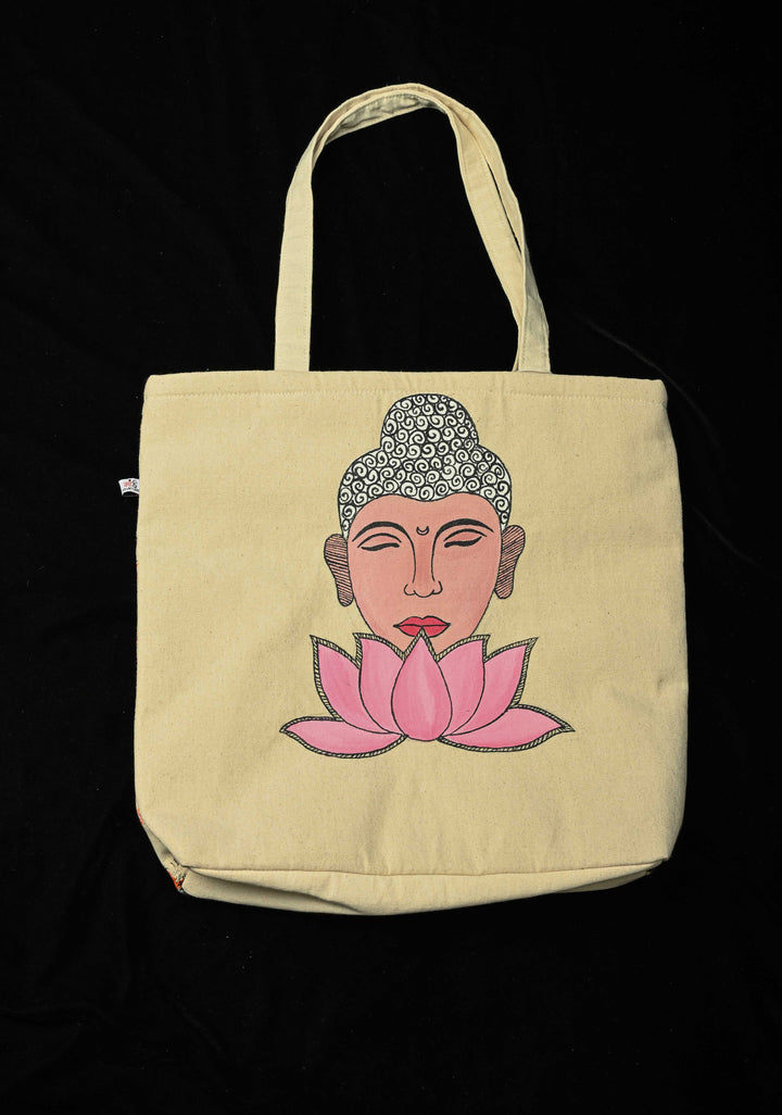 Beige Jute Tote Bag with Buddha Face Hand-Painted