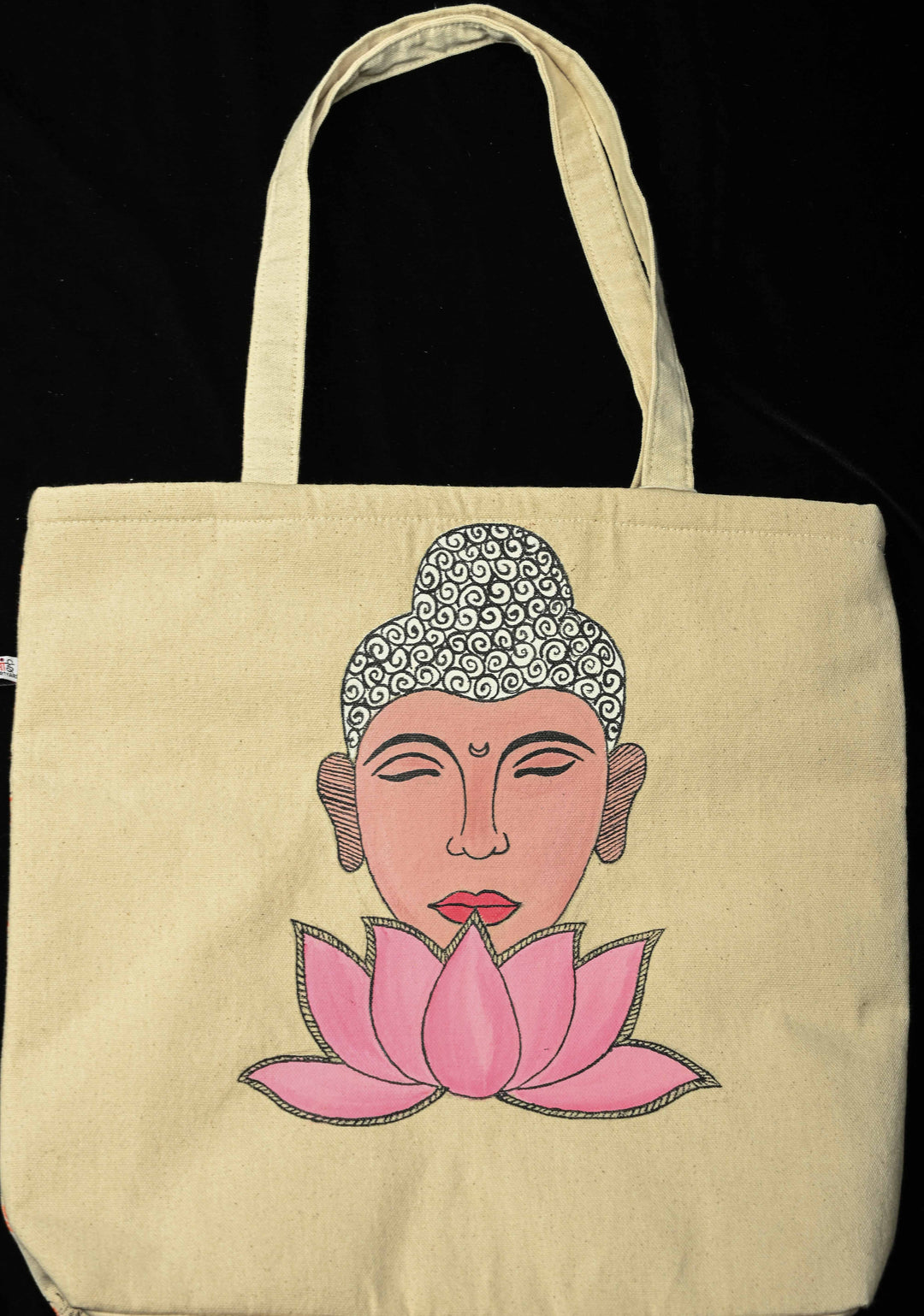 Beige Jute Tote Bag with Buddha Face Hand-Painted