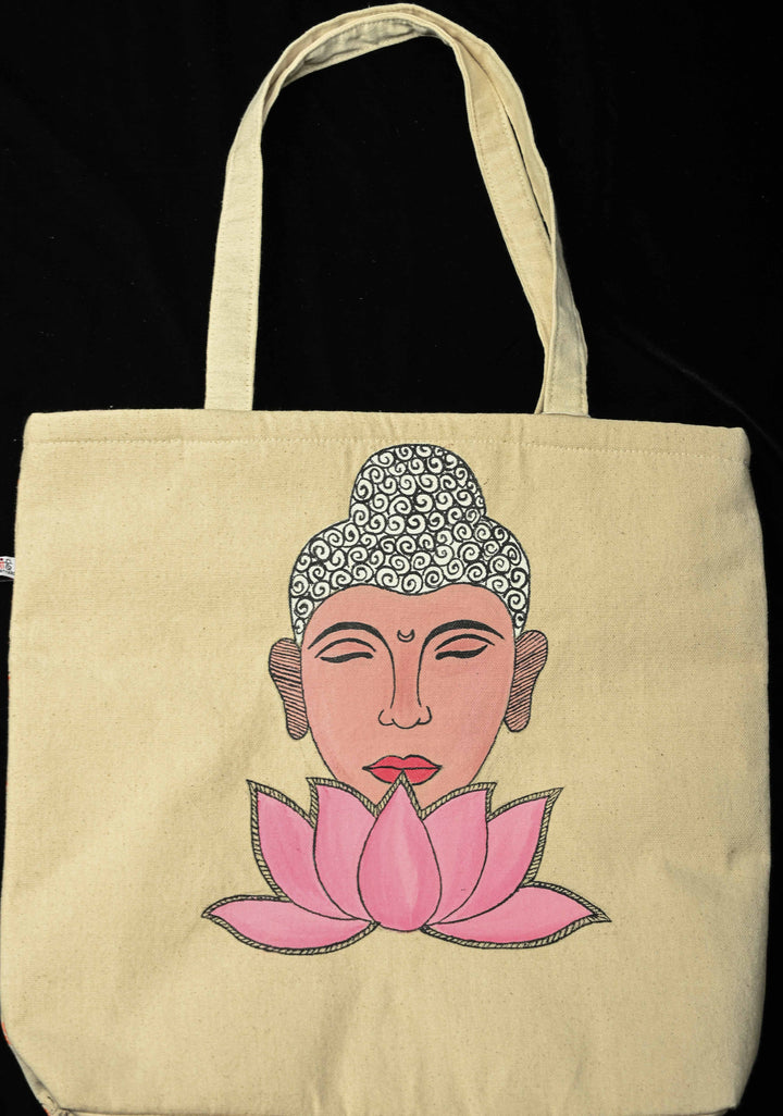 Beige Jute Tote Bag with Buddha Face Hand-Painted