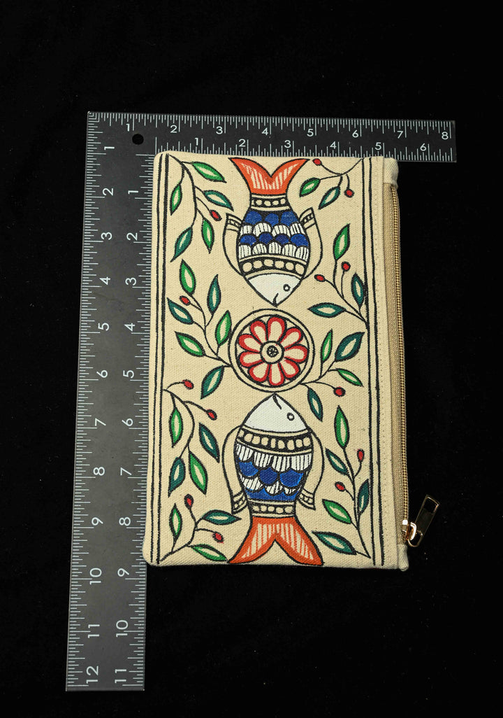 Pouch : Madhubani Hand Painted Twin Fish Hand-Painted Art Canvas Utility Pouch | SHOBITAM