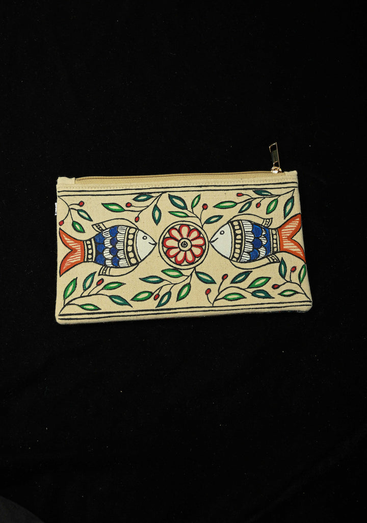 Pouch : Madhubani Hand Painted Twin Fish Hand-Painted Art Canvas Utility Pouch | SHOBITAM