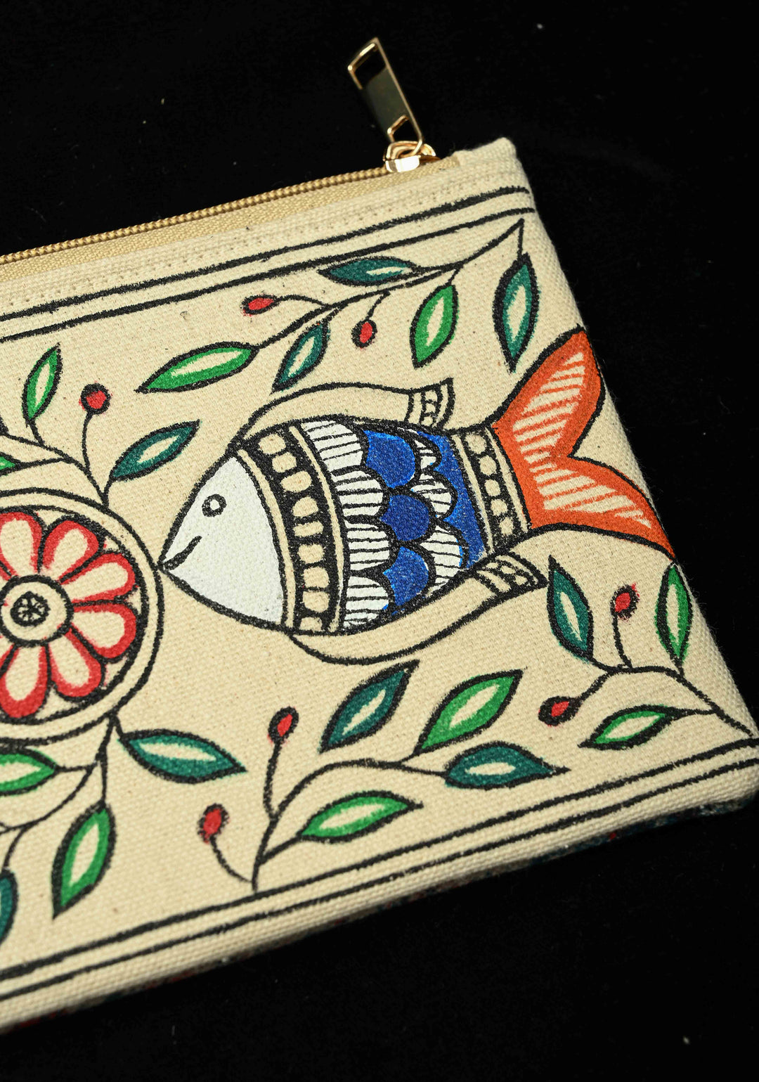 Pouch : Madhubani Hand Painted Twin Fish Hand-Painted Art Canvas Utility Pouch | SHOBITAM