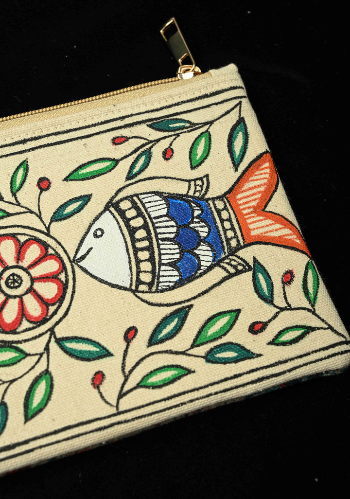 Pouch : Madhubani Hand Painted Twin Fish Hand-Painted Art Canvas Utility Pouch | SHOBITAM