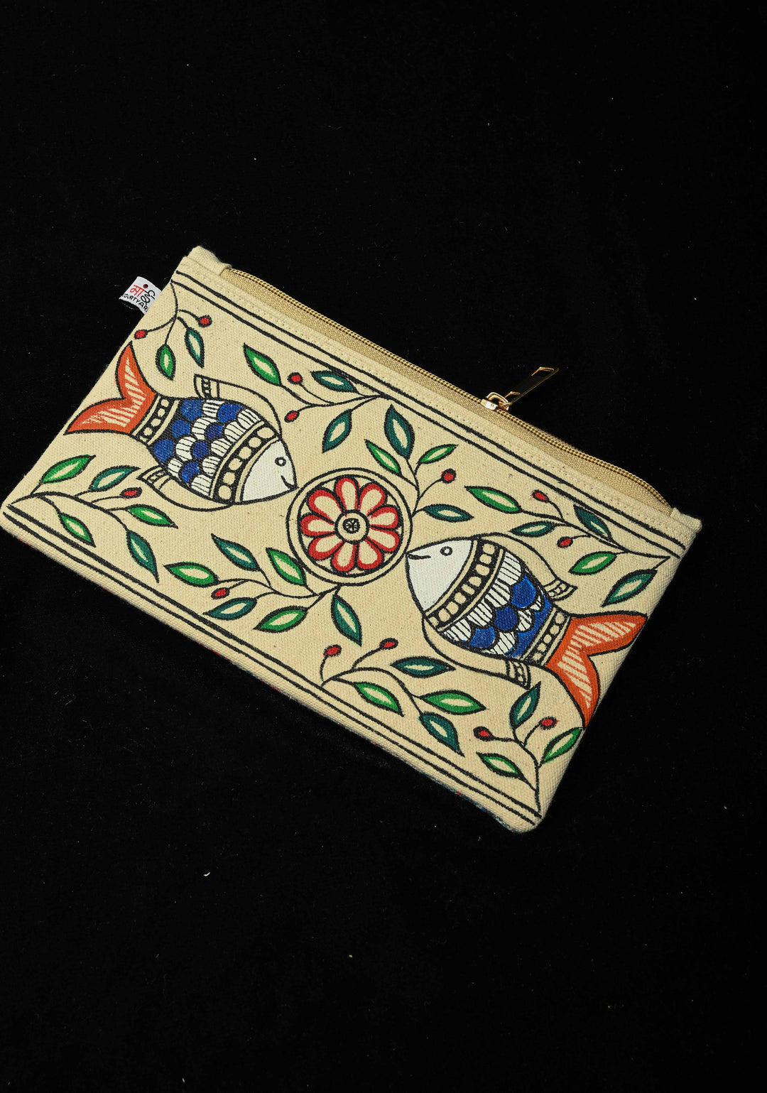 Pouch : Madhubani Hand Painted Twin Fish Hand-Painted Art Canvas Utility Pouch | SHOBITAM