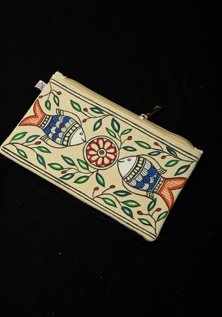 Pouch : Madhubani Hand Painted Twin Fish Hand-Painted Art Canvas Utility Pouch | SHOBITAM