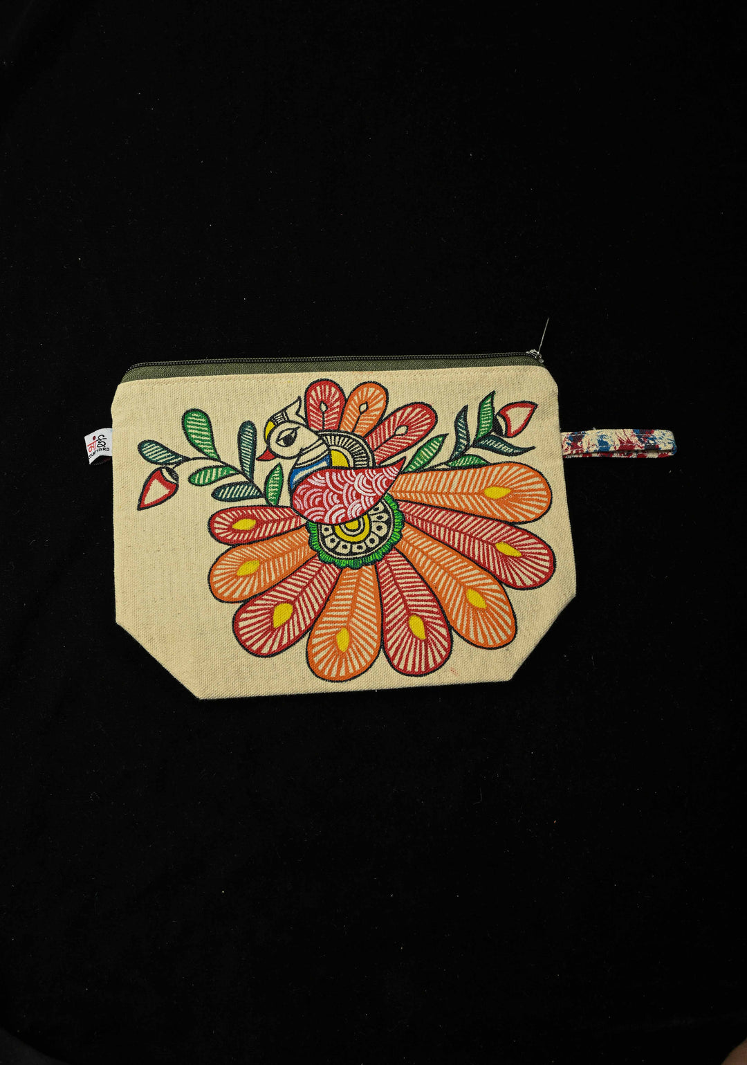 Pouch : Madhubani Bird Hand -Painted Art Canvas Utility Pouch | SHOBITAM