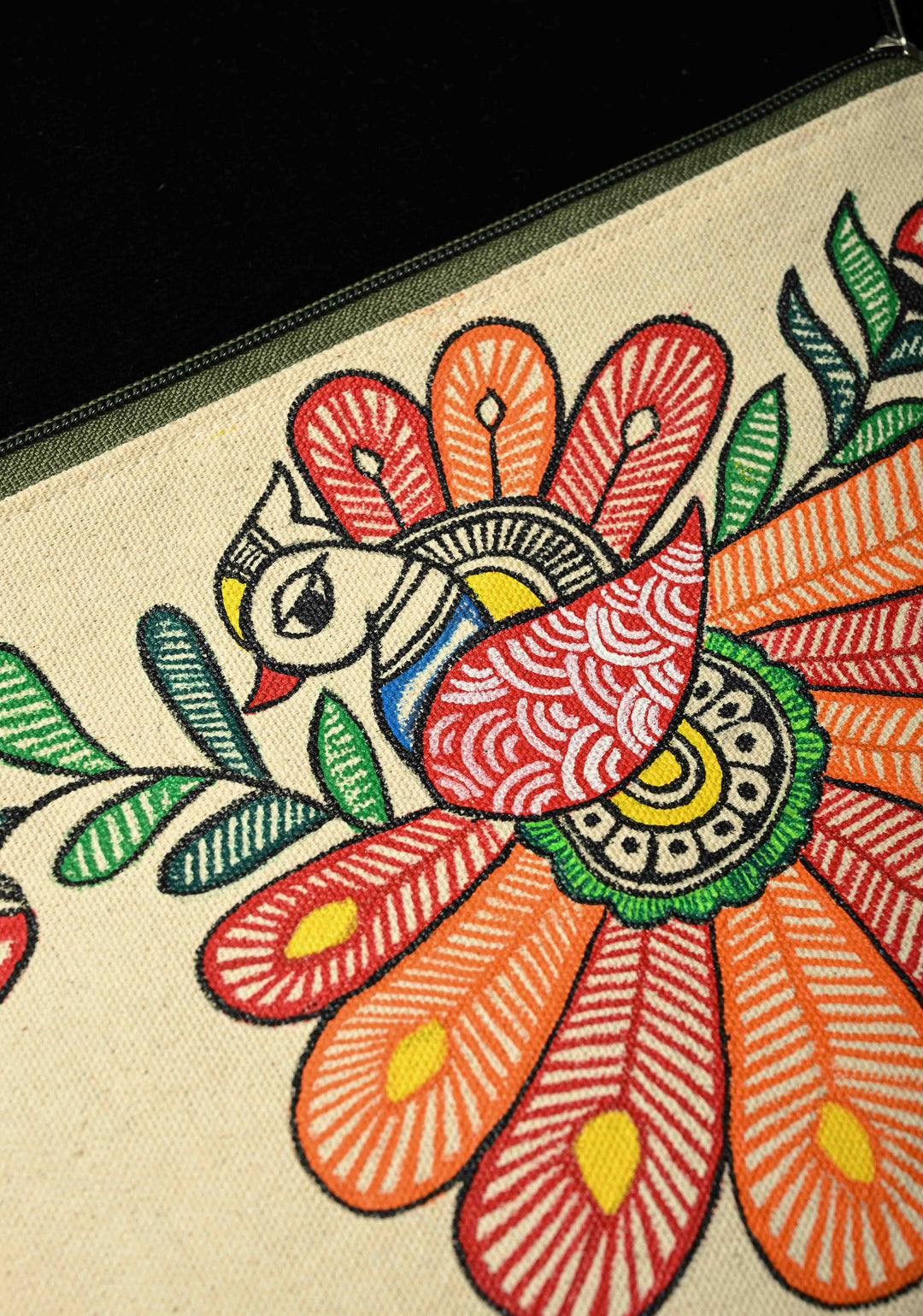 Pouch : Madhubani Bird Hand -Painted Art Canvas Utility Pouch | SHOBITAM