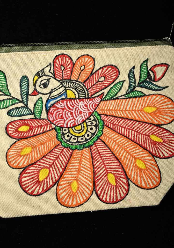 Pouch : Madhubani Bird Hand -Painted Art Canvas Utility Pouch | SHOBITAM