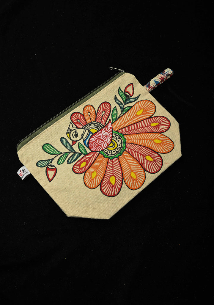 Pouch : Madhubani Bird Hand -Painted Art Canvas Utility Pouch | SHOBITAM