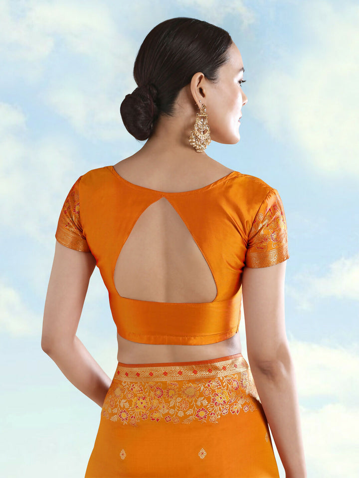 Orange Semi Banarasi Satin silk Saree With Zari Border And Butti Work  | SHOBITAM