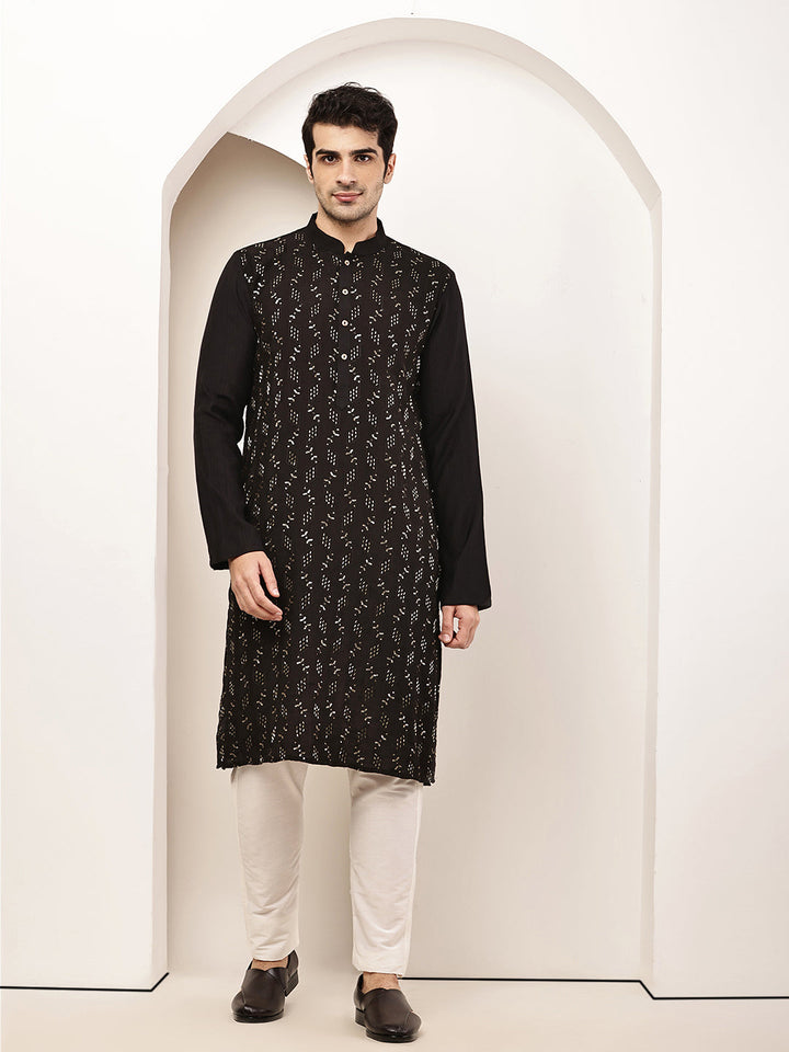 Men's Straight Black Viscose Silk embroidery Kurta | SHOBITAM