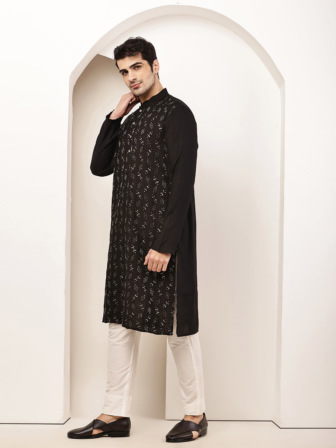 Men's Straight Black Viscose Silk embroidery Kurta | SHOBITAM