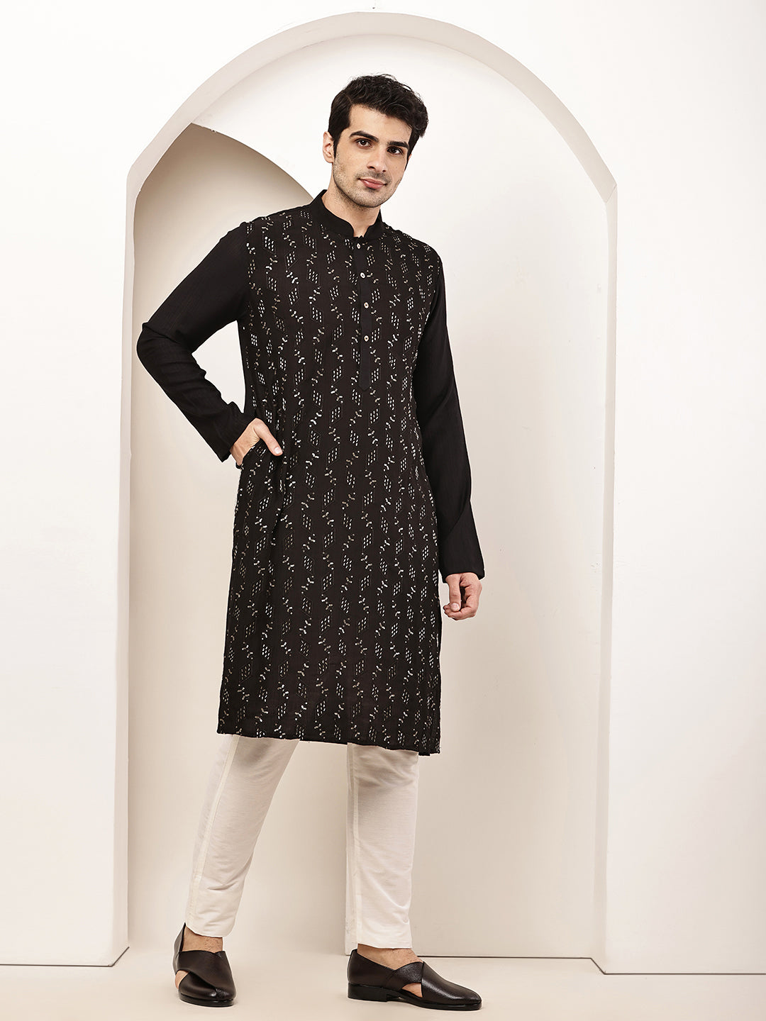 Men's Straight Black Viscose Silk embroidery Kurta | SHOBITAM