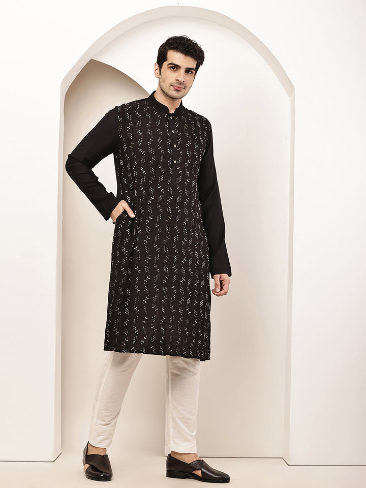 Men's Straight Black Viscose Silk embroidery Kurta | SHOBITAM
