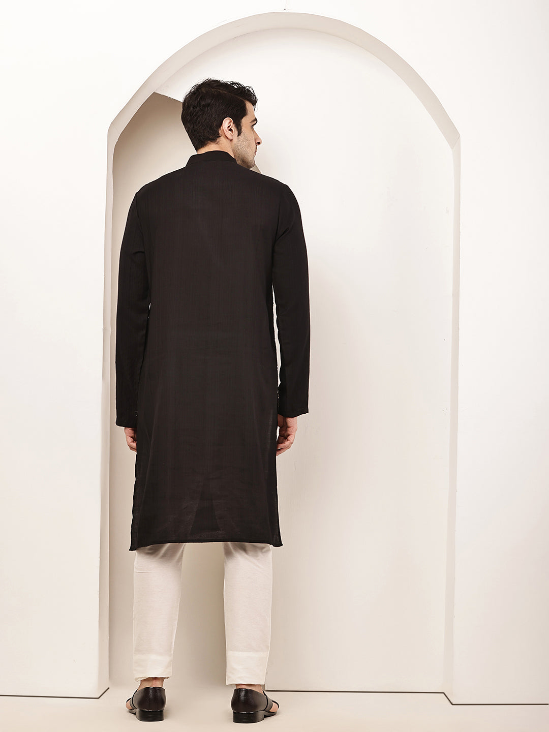 Men's Straight Black Viscose Silk embroidery Kurta | SHOBITAM