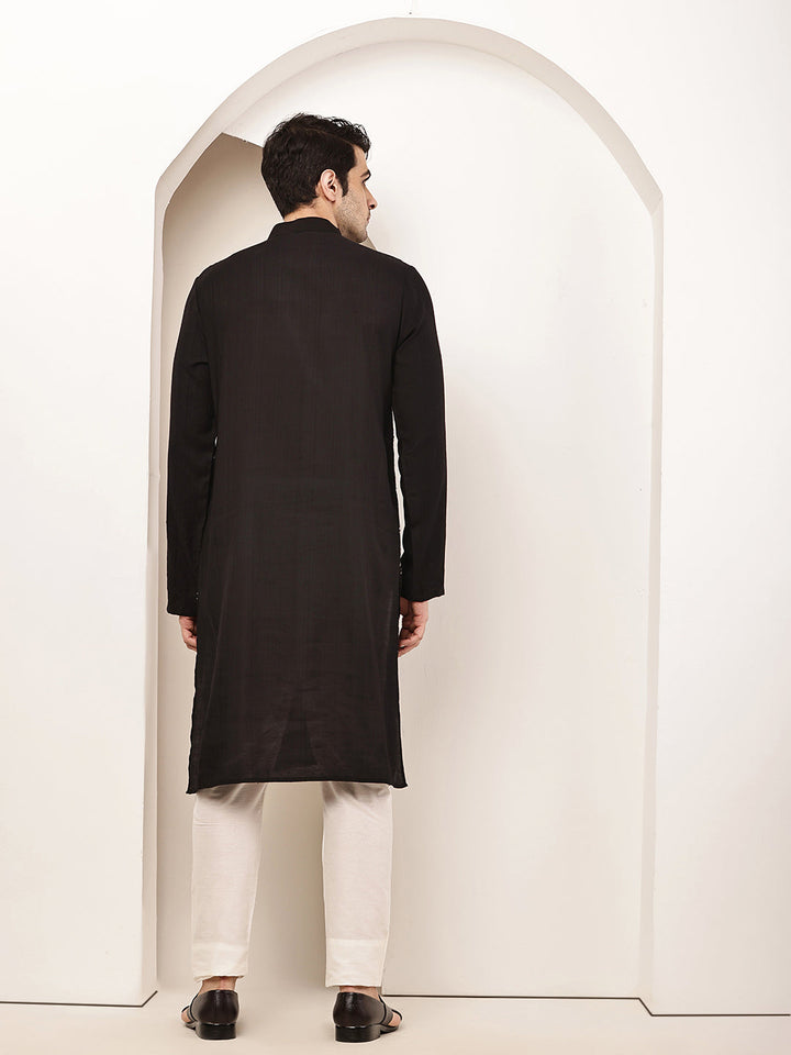 Men's Straight Black Viscose Silk embroidery Kurta | SHOBITAM