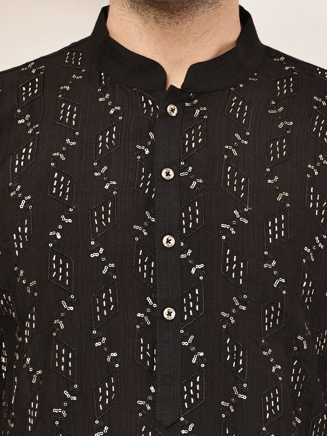Men's Straight Black Viscose Silk embroidery Kurta | SHOBITAM