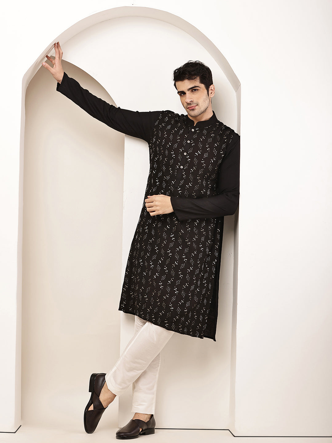 Men's Straight Black Viscose Silk embroidery Kurta | SHOBITAM